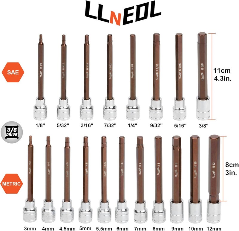 LLNEDL 3/8 Inch Drive Long Allen Hex Bit Socket Set, 19-Piece Hex Head Standard SAE & Metric Sockets (1/8"-3/8", 3-12mm), S2 Alloy Steel Durable Tools for Mechanics - Image 2